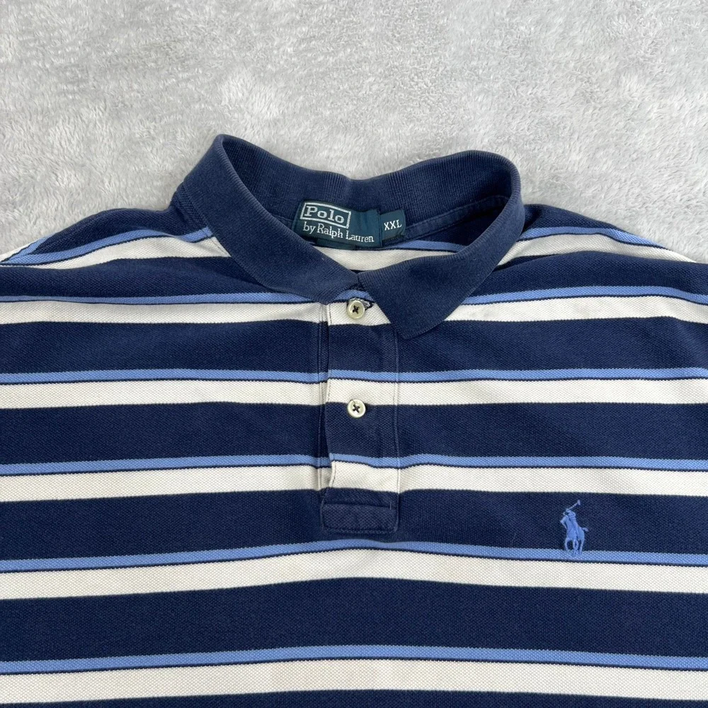 Polo Ralph Lauren Striped Pique Polo Shirt Mens 2XL Blue Short Sleeve Preppy